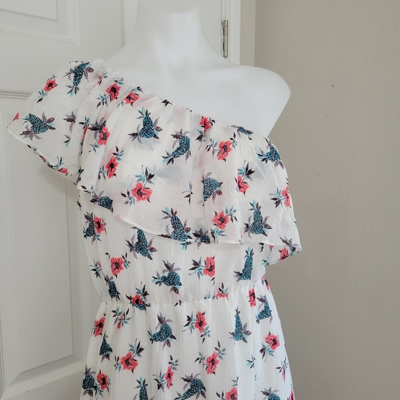 Club Monaco KellBee Silk Dress 6 NWT One Shoulder Ruffle Tropical Pineapples - Picture 3 of 16